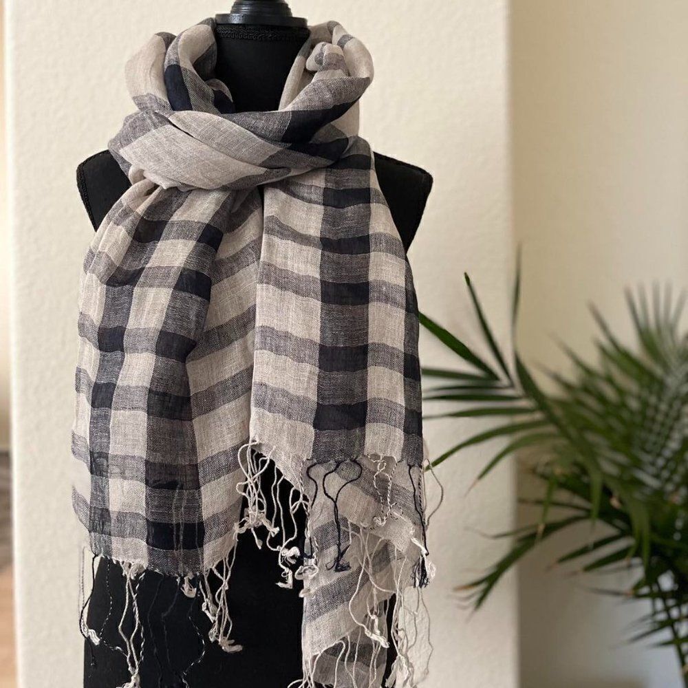 Beige- dark blue 100% Linen scarf 73"x30"